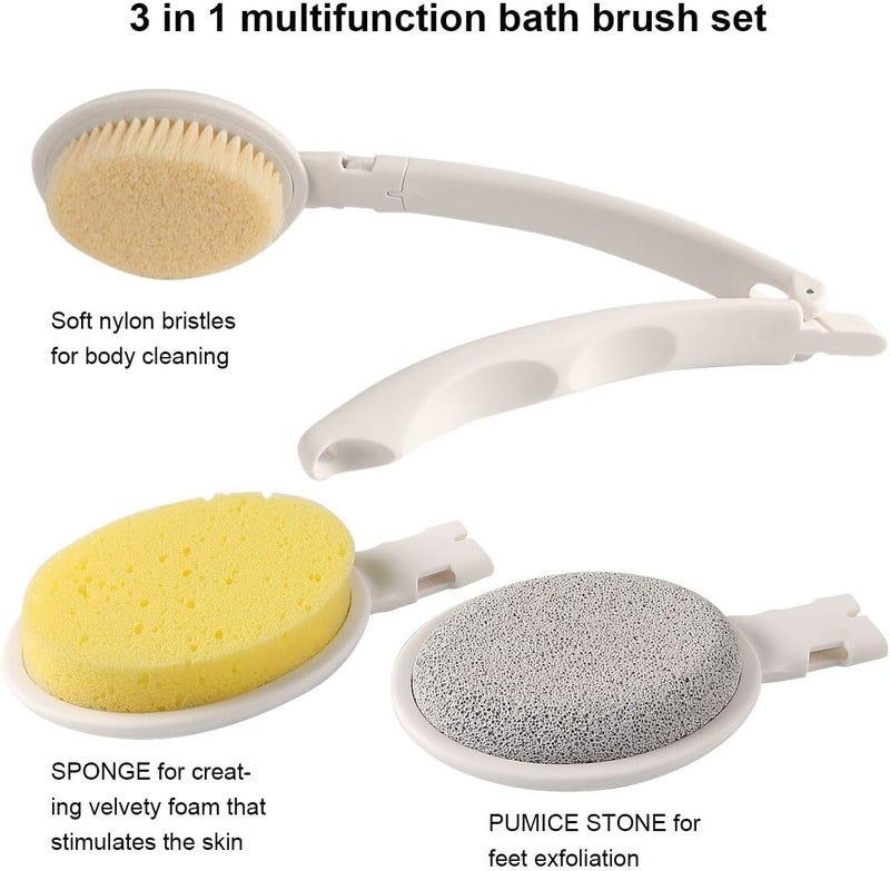 LFJ 19" Long Handle Shower Sponge Brush Set, 3 in 1 Body Brush, Bath Sponge and Lotion Applicator Improved Skin Health, Suitable for Men and Women (White Brush with pumice-1P) - Image 4